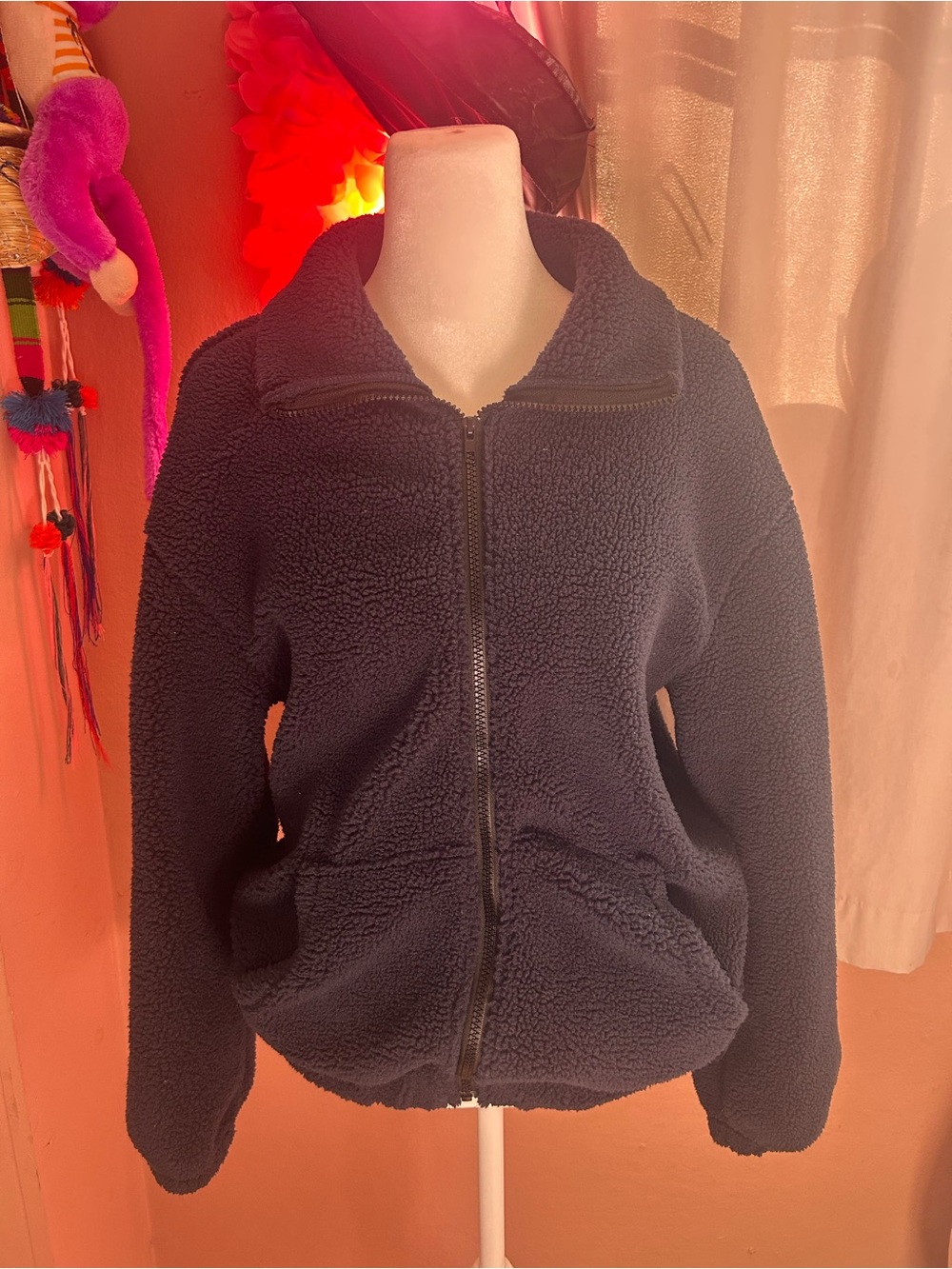 SHEIN Navy Blue Teddy Zip-Up Sherpa Jacket